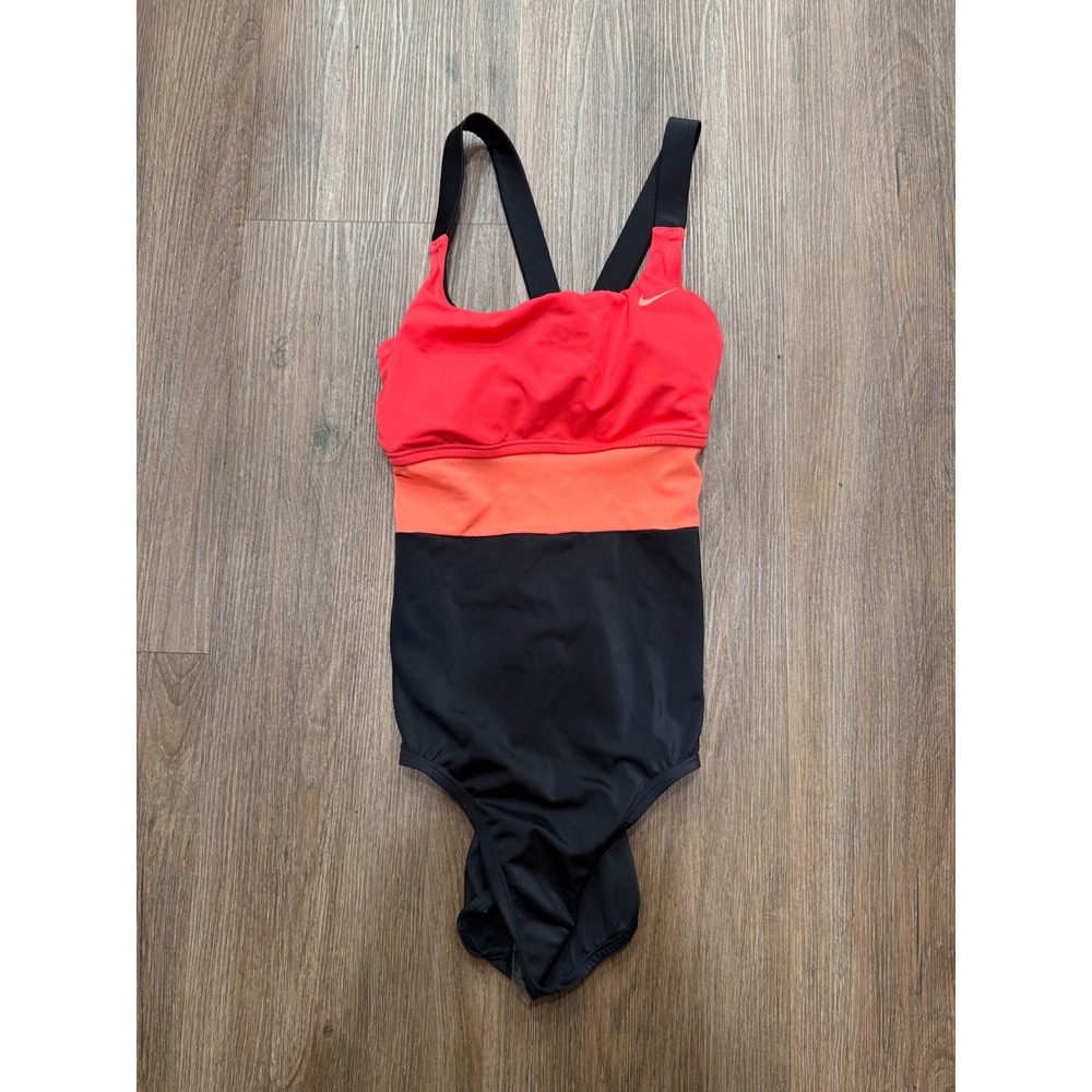Nike‎ Womens Colorblock One Piece Swimsuit Red Orange Black NESSB392 Size M